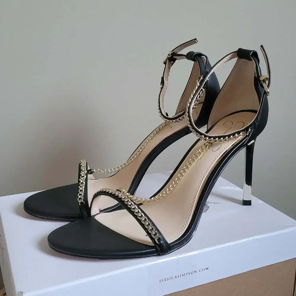 Jessica Simpson Qiven Chain T-Strap Dress Sandals,Black/Gold,9.5 - Picture 11 of 16